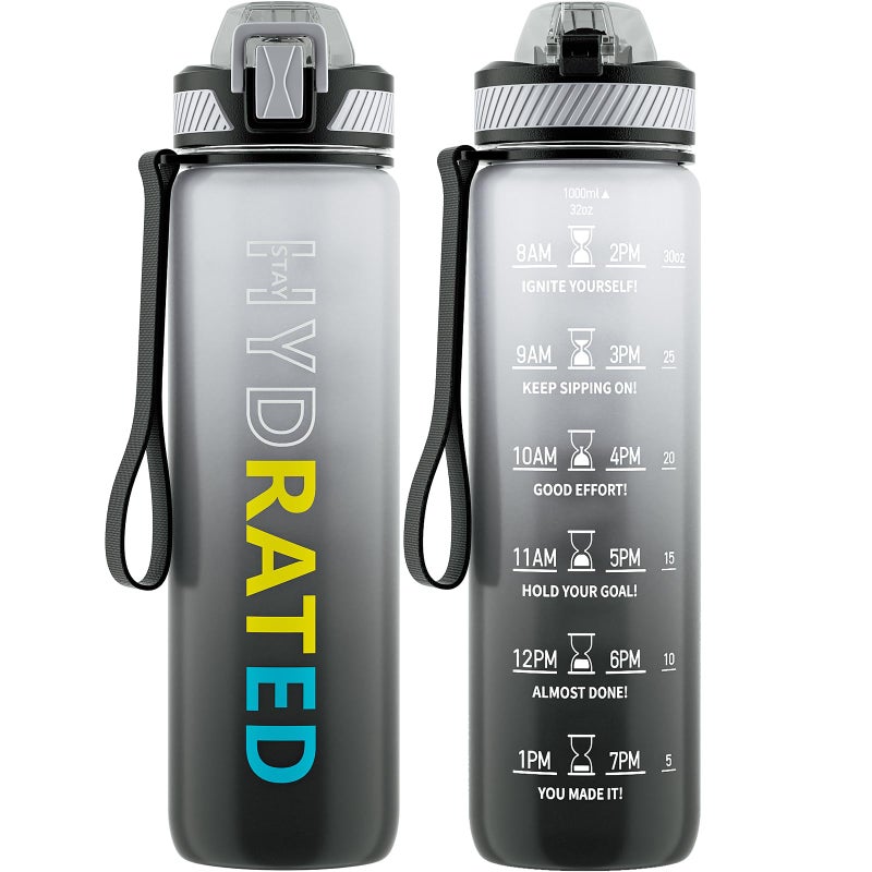 QLUR Water Bottle with Straw, 32oz Motivational Water Bottles with Time Marker to Drink, Tritan BPA Free, 1L Sports Water Bottle with Carry Strap LeakProof for Women Gym Fitness Outdoor (1 Pack) - Image 1