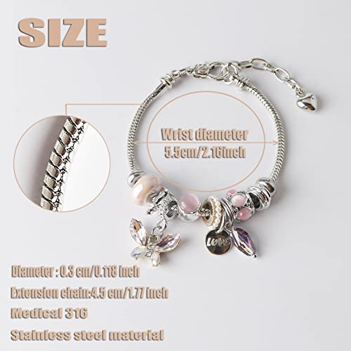 DS Charm Bracelets for girls,exquisite cute cartoon friendship Silver bracelets Stainless Steel Bangle with birthday Gift box, Adjustable girls jewelry Suitable for holiday gifts (Silver-butterfly3) - Image 2