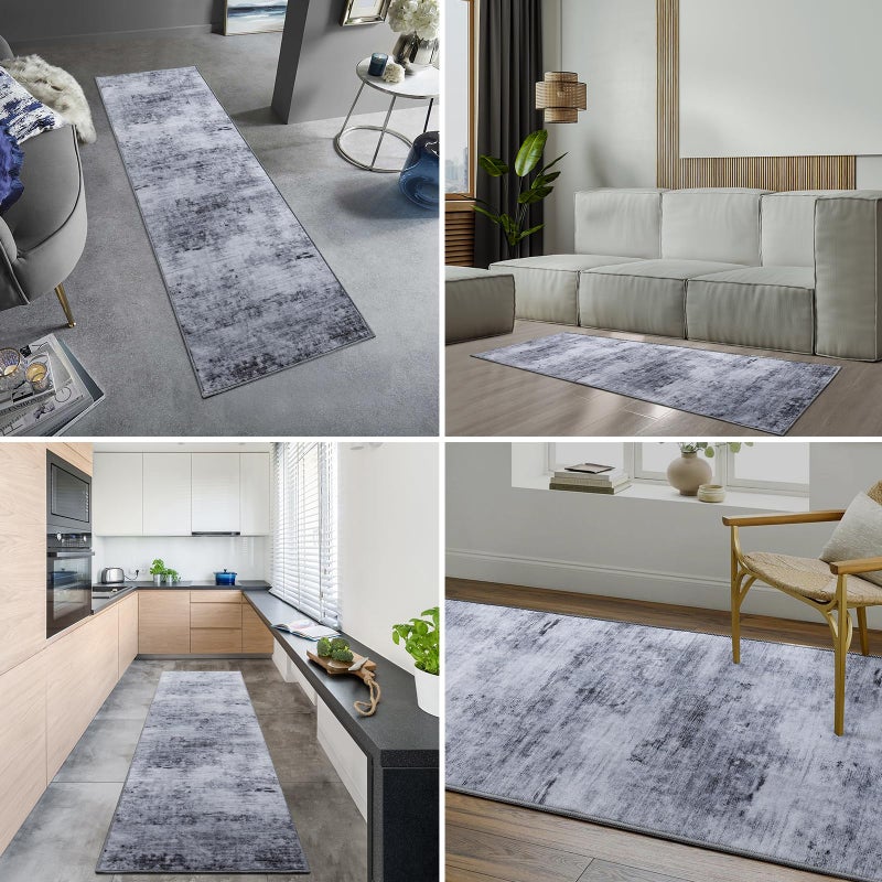 Toneed 2x6 Runner Rug Modern Abstract Hallway Rug Washable Non Slip Rubber Rugs for Kitchen Stairs Entryway Bedroom Living Room Printed Low Pile Foldable Accent Rugs Grey - Image 3