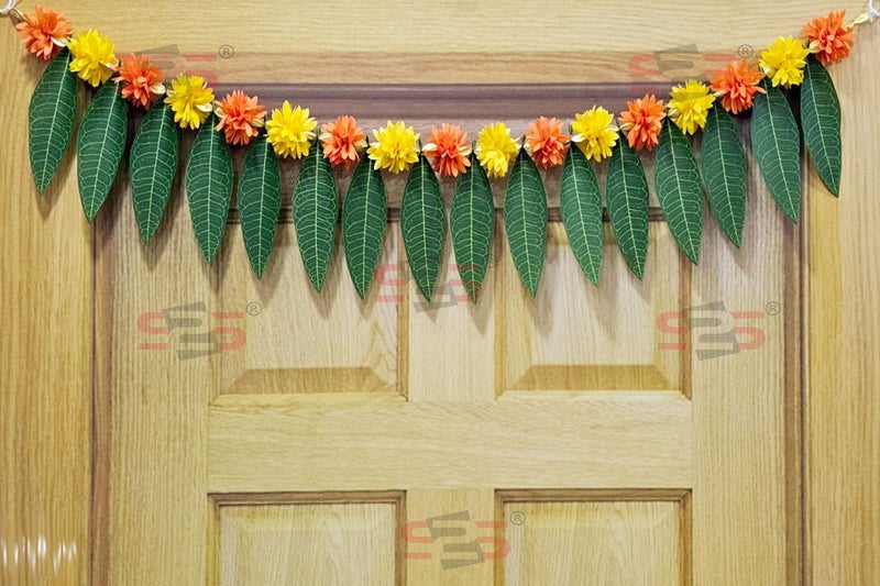S2S Artificial Marigold & Mango Leaves Simple Door - Window toran/Door hangings/Festive Decorations | 1 Piece | (Yellow and Orange) (Length - 40 Inch) - Image 1