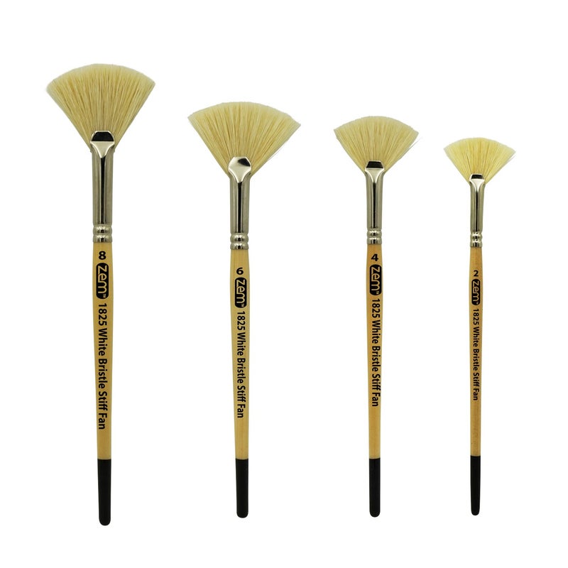 ZEM BRUSH White Hog Bristle Stiff Fan Brush Set Size 2,4,6,8 - Image 1