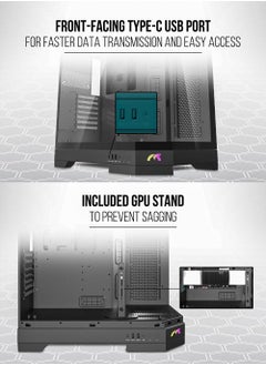 Tortox Tortox Prism Triple Glass Panel ATX/M-ATX Gaming PC Case with 7*ARGB PWM Fans, Type-C USB Port, Supports 360MM Radiator, 7 Expansion Slot, Included GPU stand- Gaming Case (Black)  - Image 5