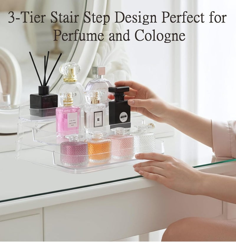 سواستو رف تخزين مستحضرات التجميل والمكياج من الأكريليك من سواساتو، حامل عرض ثلاثي الطبقات - شفاف، مناسب لطاولة الزينة والحمام - حامل عطور شفاف ذو سعة كبيرة - Image 2