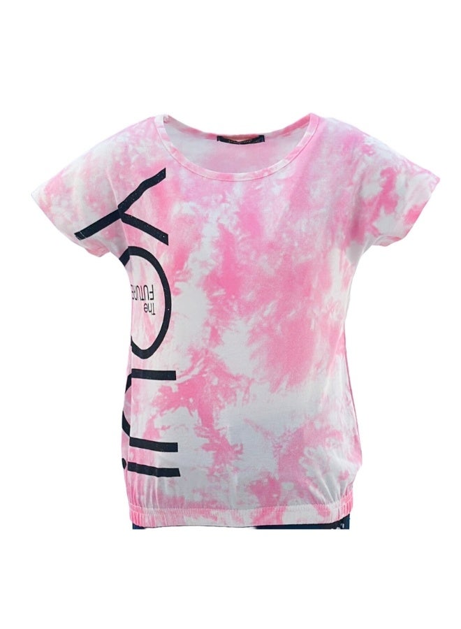 JOANNA JOANNA 23KY376B Girl's Tie Dye Design Round Neck Short Sleeve T-Shirt - Pink - Image 1