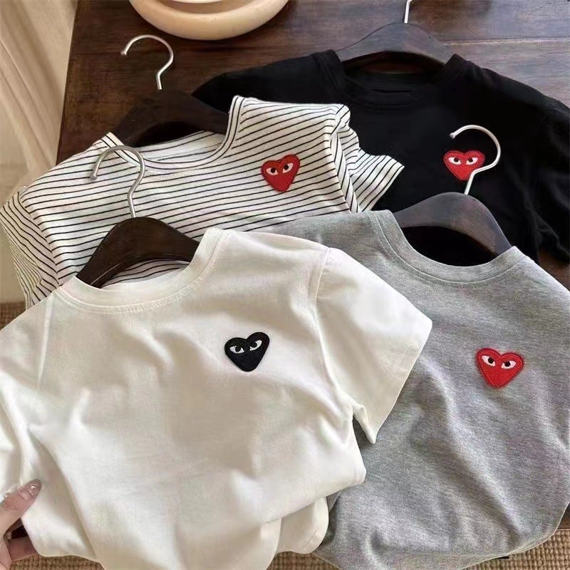 Children'S Short-Sleeved 2025 Summer Japanese Style Trendy Brand Love Cotton Bottoming Striped Trendy T-Shirt For Boys And Girls - Image 2
