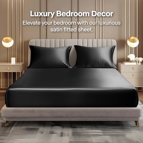 BEDELITE Satin Fitted Sheet and Pillowcases Set, Luxury Soft Similar to Silk Bottom Bed Sheet with Elastic Corner Straps, Deep Pocket up to 15 Inch, 1 Fitted Sheet and 2 Pillowcases(Full, Black) - Image 2