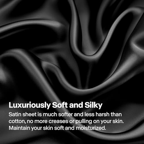 BEDELITE Satin Fitted Sheet and Pillowcases Set, Luxury Soft Similar to Silk Bottom Bed Sheet with Elastic Corner Straps, Deep Pocket up to 15 Inch, 1 Fitted Sheet and 2 Pillowcases(Full, Black) - Image 3