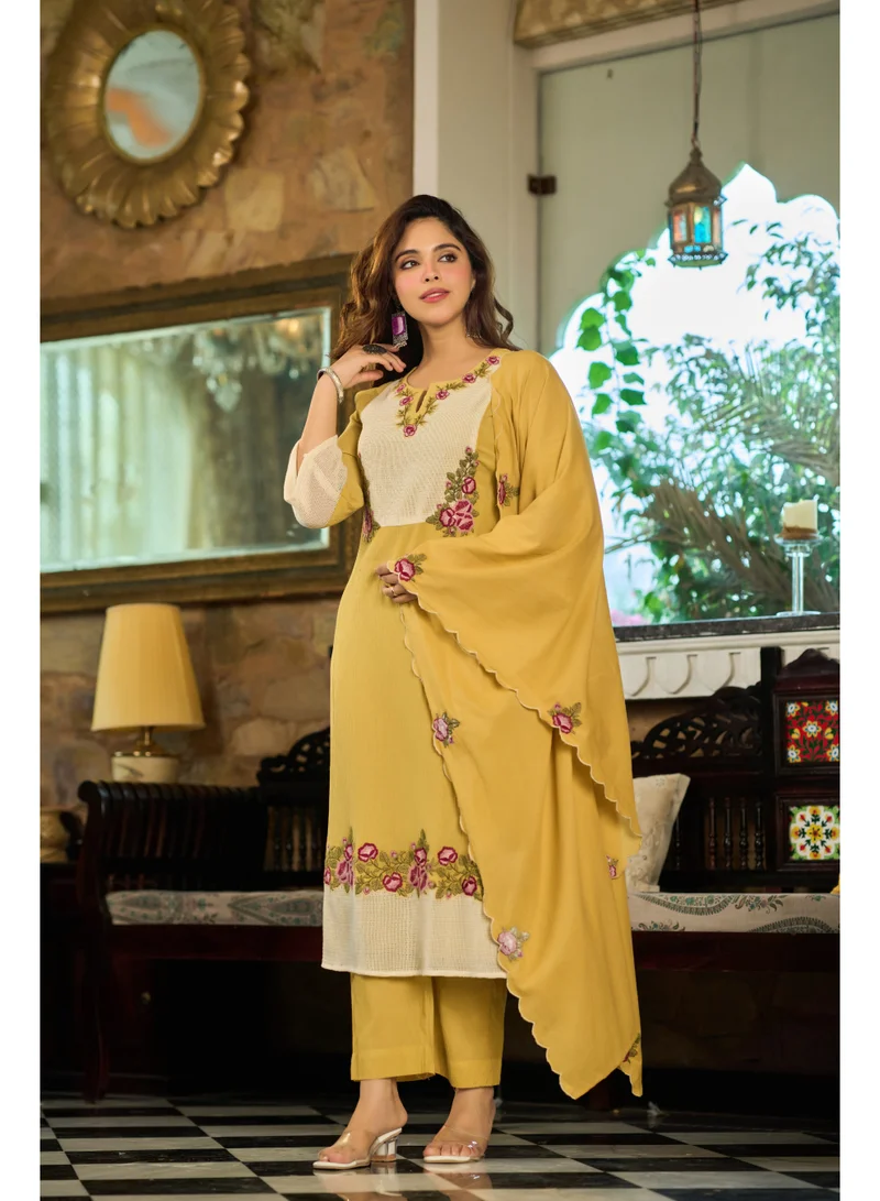 Premium Yellow Cotton Crush 3-Piece Suit Set for Women with Dupatta & Pants | Indian Ethnic Wear | Embroidered Salwar Suit | Kurti Set Ladies | Kurta Pant Dupatta Set | Festive & Family Wear