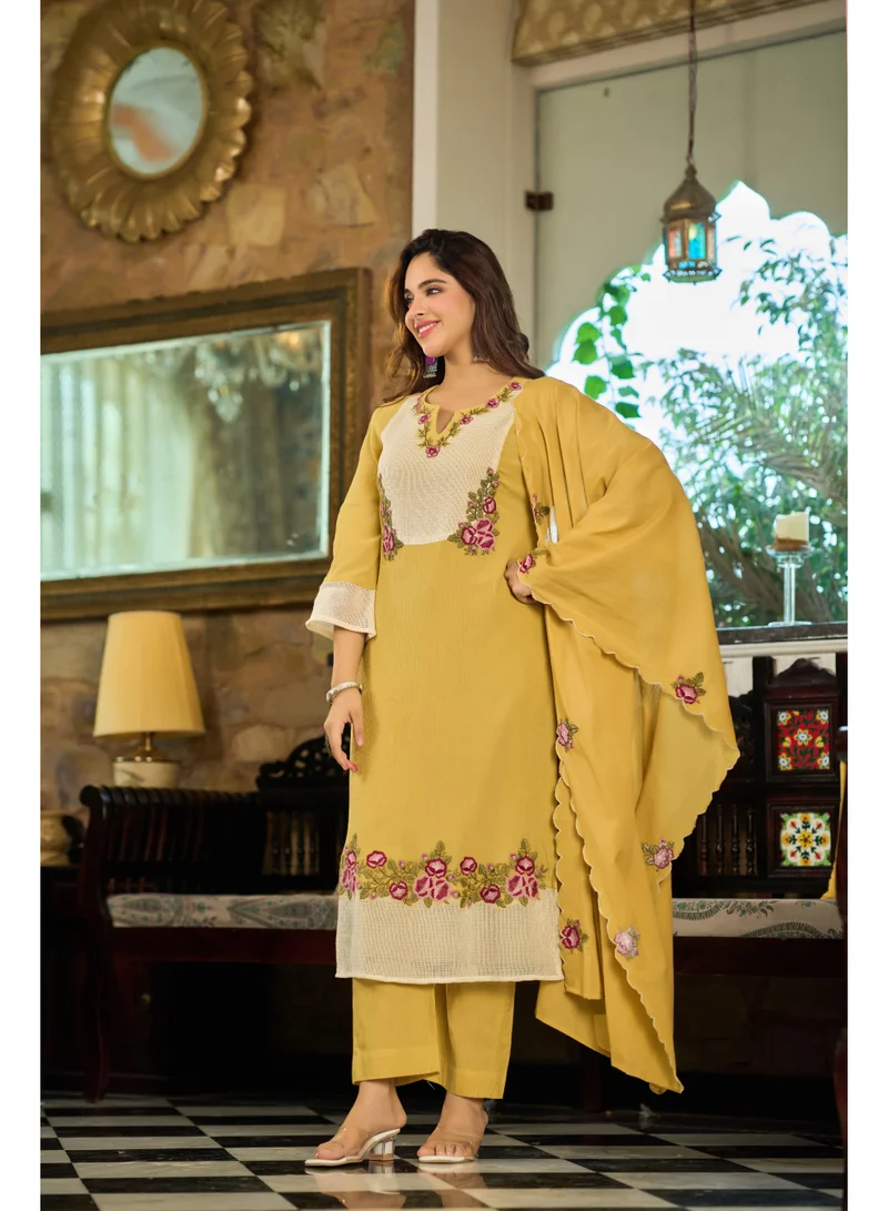 Priya’s Panache Premium Yellow Cotton Crush 3-Piece Suit Set for Women with Dupatta & Pants | Indian Ethnic Wear | Embroidered Salwar Suit | Kurti Set Ladies | Kurta Pant Dupatta Set | Festive & Family Wear