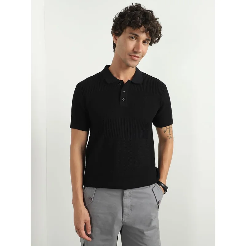 نوبيرو Black Cotton Relaxed Fit Polo T-Shirt for Men
