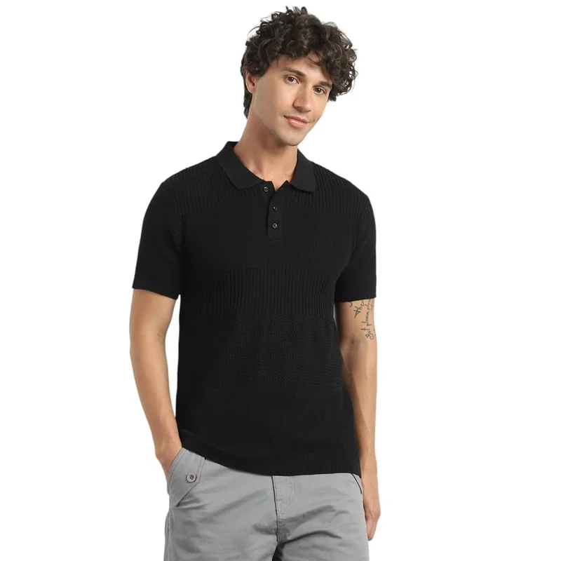 نوبيرو Black Cotton Relaxed Fit Polo T-Shirt for Men