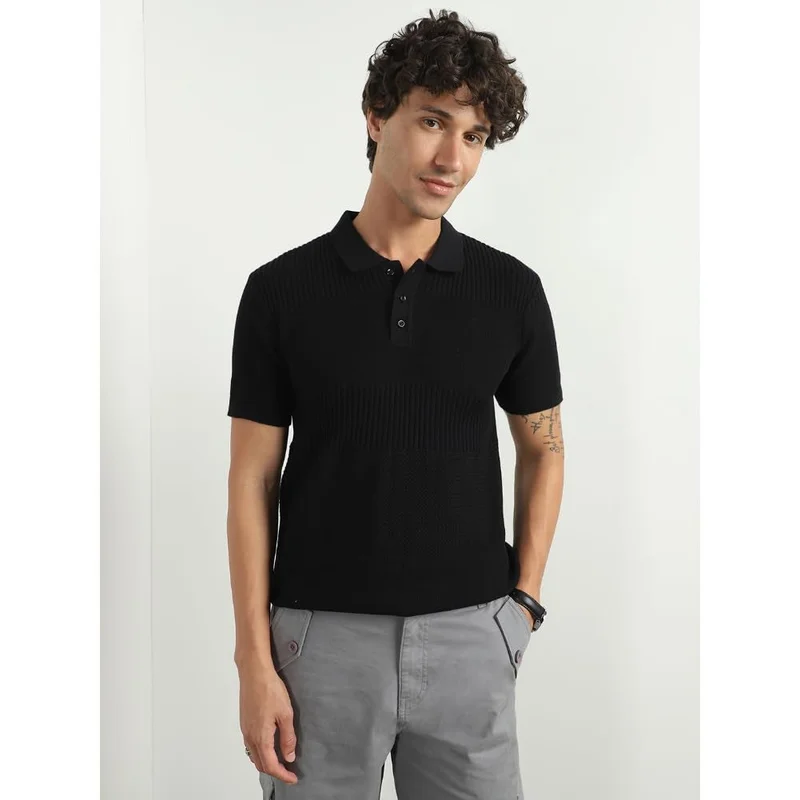 نوبيرو Black Cotton Relaxed Fit Polo T-Shirt for Men