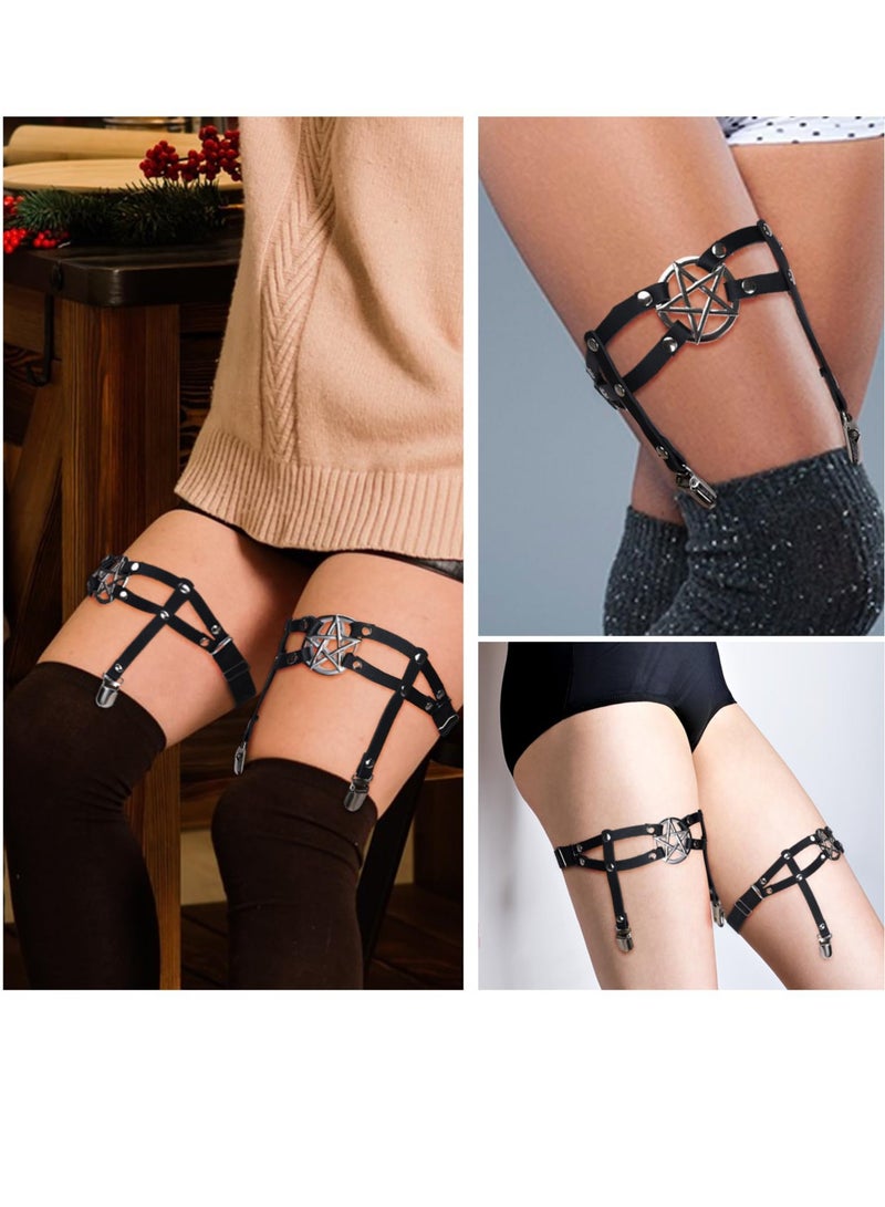 SYOSI Women Adjustable Leather Thigh Garter, 2Pcs Star Shaped Leg Garter with Clips Punk Goth Garters for Thigh-high Socks  - Image 5