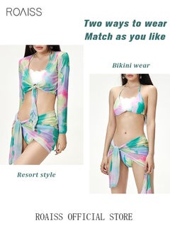 roaiss Women 4pcs Tie Dye Gradient Halter Triangle Bikini Swimsuit Cover Up Top with Skirt Set Swimwear Ladies Beachwear Bathing Suit for Summer Multicolor  - Image 2