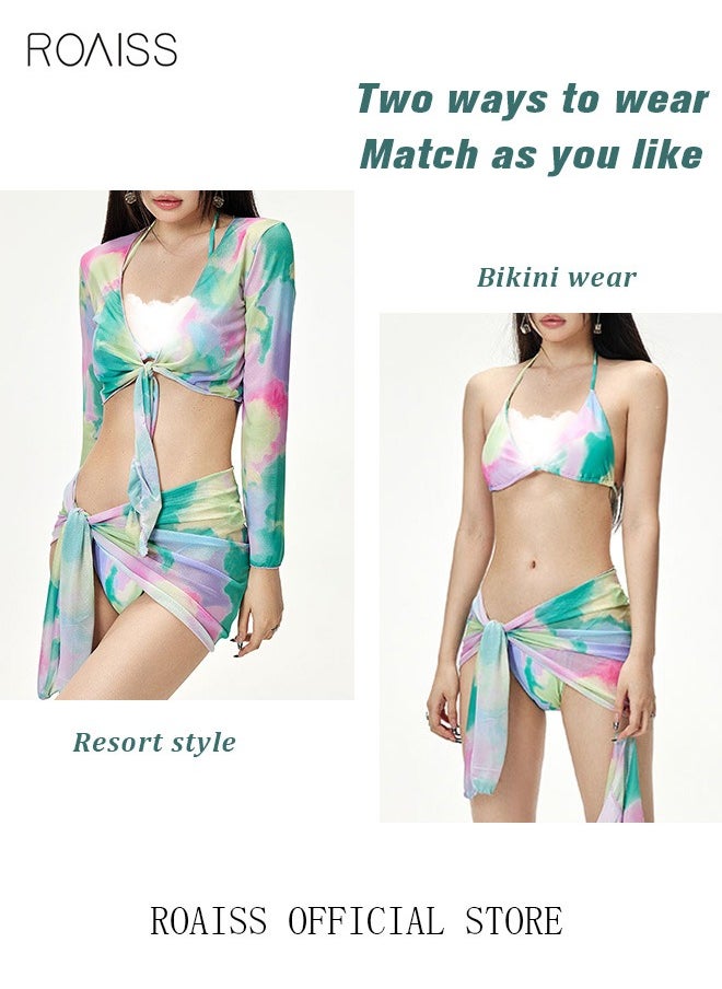 roaiss - Women 4pcs Tie Dye Gradient Halter Triangle Bikini Swimsuit Cover Up Top with Skirt Set Swimwear Ladies Beachwear Bathing Suit for Summer Multicolor - Image 1