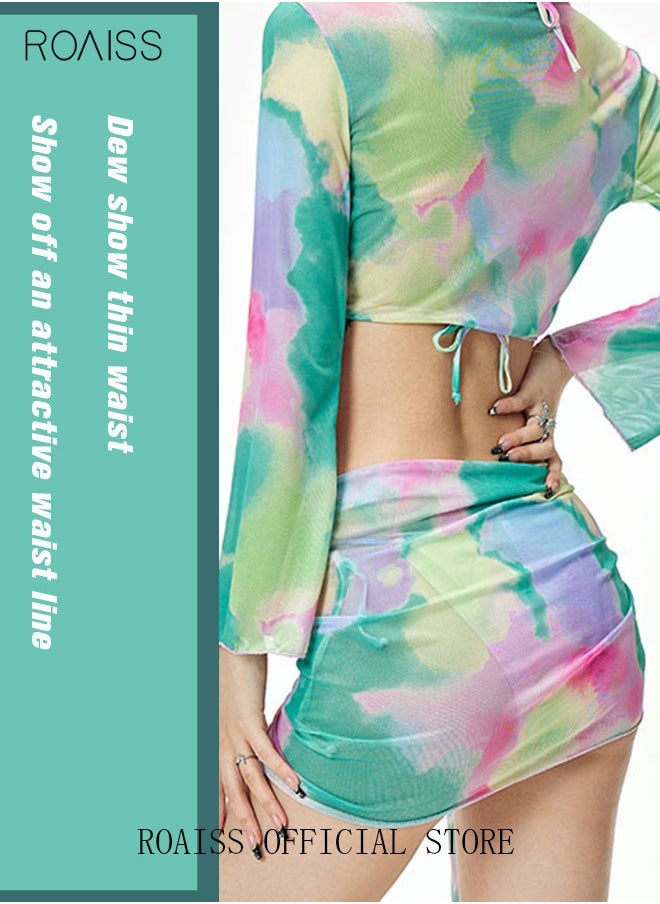 roaiss - Women 4pcs Tie Dye Gradient Halter Triangle Bikini Swimsuit Cover Up Top with Skirt Set Swimwear Ladies Beachwear Bathing Suit for Summer Multicolor - Image 1