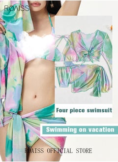 roaiss Women 4pcs Tie Dye Gradient Halter Triangle Bikini Swimsuit Cover Up Top with Skirt Set Swimwear Ladies Beachwear Bathing Suit for Summer Multicolor  - Image 4