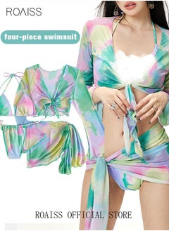 roaiss Women 4pcs Tie Dye Gradient Halter Triangle Bikini Swimsuit Cover Up Top with Skirt Set Swimwear Ladies Beachwear Bathing Suit for Summer Multicolor  - Image 1