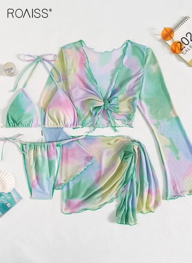 roaiss Women's 4 Pcs Bikini Swimsuit, Tie Dye Gradient Halter Triangle Bikini and Cover-Up, Cover up Top with Skirt Set Swimwear, Ladies Beachwear Bathing Suit for Summer, Multicolor - Image 1
