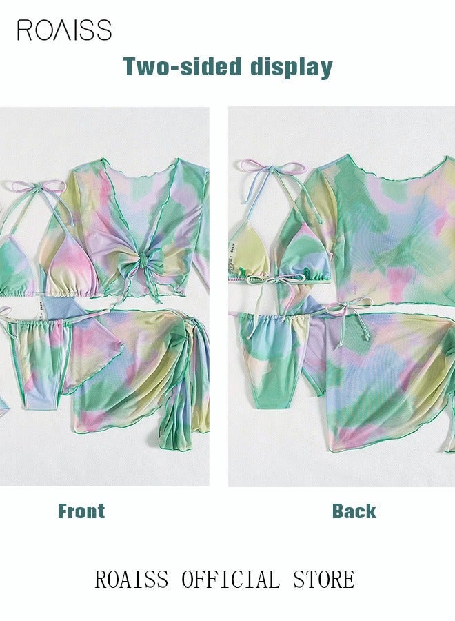 roaiss Women's 4 Pcs Bikini Swimsuit, Tie Dye Gradient Halter Triangle Bikini and Cover-Up, Cover up Top with Skirt Set Swimwear, Ladies Beachwear Bathing Suit for Summer, Multicolor - Image 4