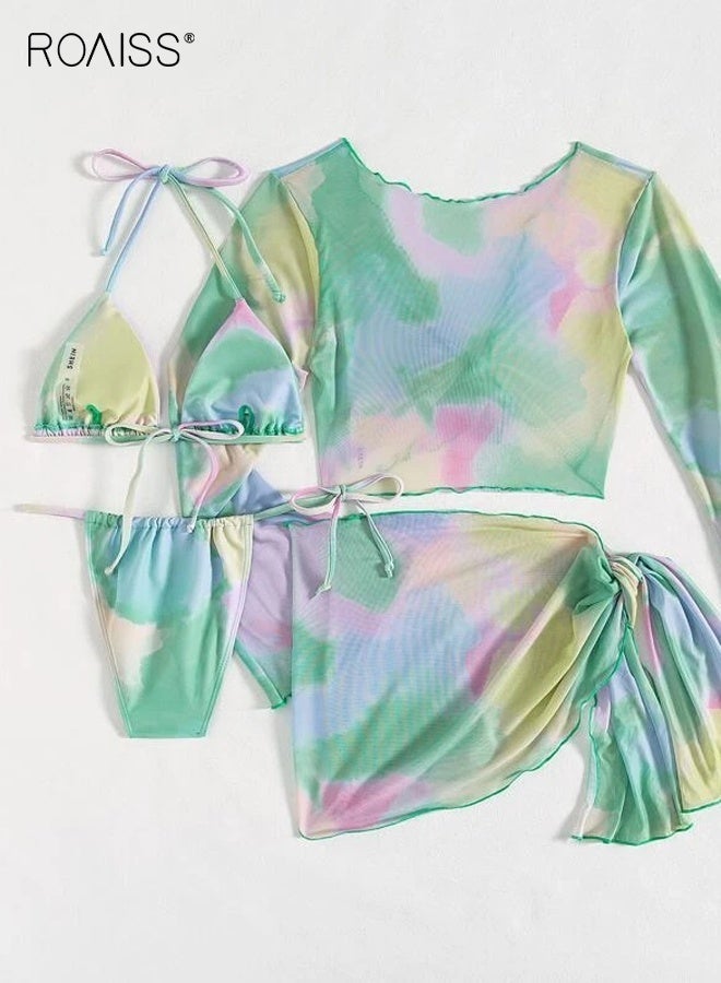 roaiss Women's 4 Pcs Bikini Swimsuit, Tie Dye Gradient Halter Triangle Bikini and Cover-Up, Cover up Top with Skirt Set Swimwear, Ladies Beachwear Bathing Suit for Summer, Multicolor - Image 2