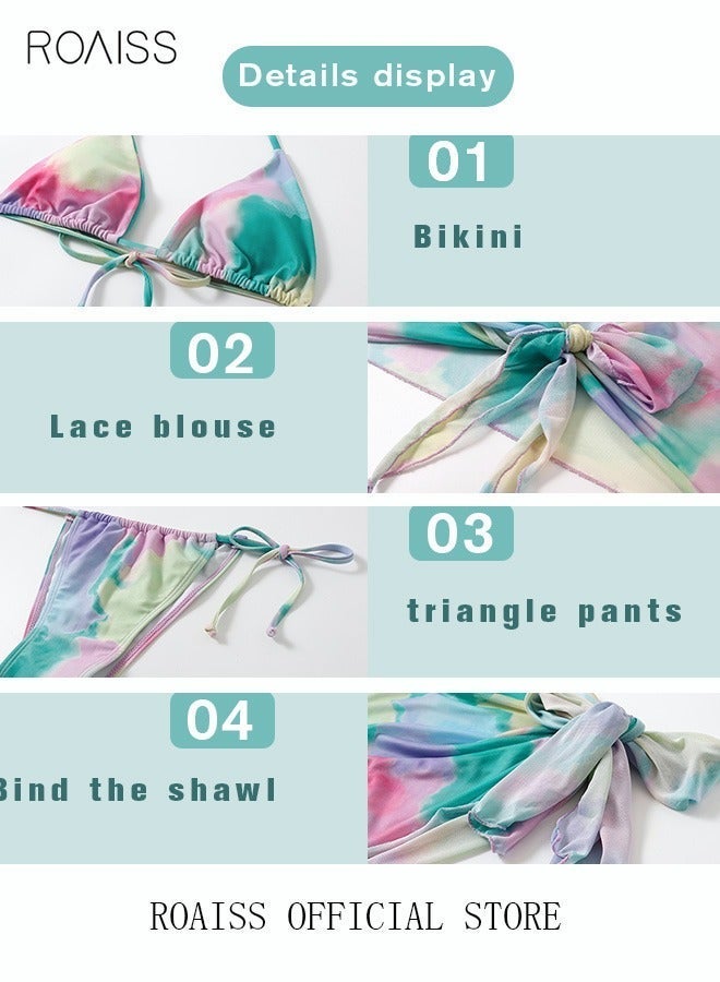 roaiss Women's 4 Pcs Bikini Swimsuit, Tie Dye Gradient Halter Triangle Bikini and Cover-Up, Cover up Top with Skirt Set Swimwear, Ladies Beachwear Bathing Suit for Summer, Multicolor - Image 3