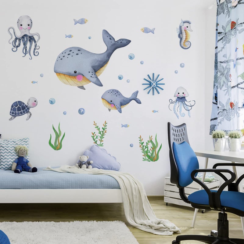 Mfault Under The Sea Whales Wall Decal Stickers, Coastal Ocean Hippocampus Octopus Turtle Fish Nursery Decoration Bedroom Bathroom Art, Marine Animal Beach Neutral Toddler Kids Baby Boys Room Decor - Image 4