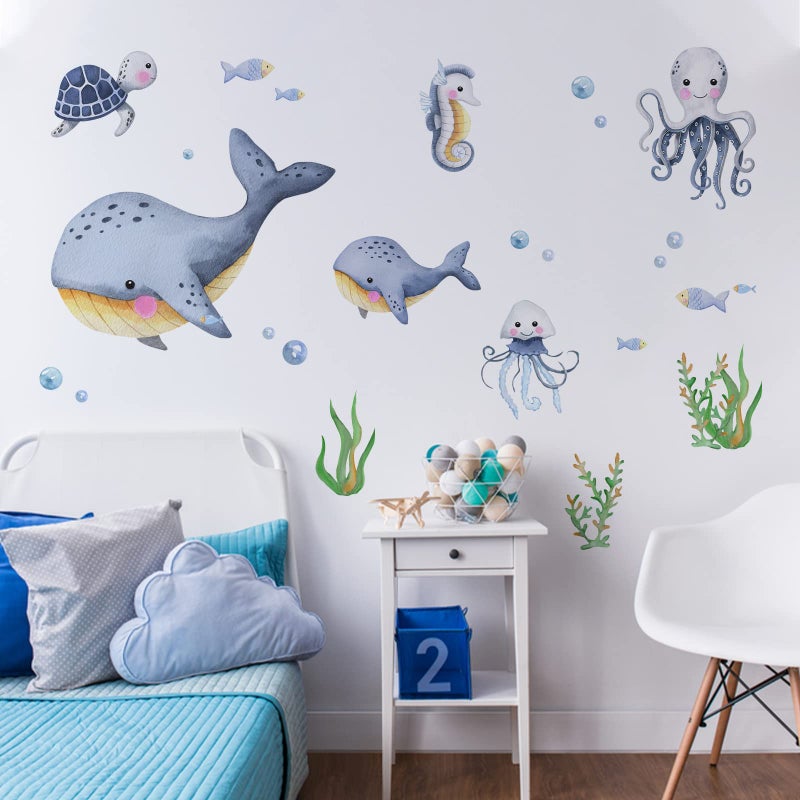 Mfault Under The Sea Whales Wall Decal Stickers, Coastal Ocean Hippocampus Octopus Turtle Fish Nursery Decoration Bedroom Bathroom Art, Marine Animal Beach Neutral Toddler Kids Baby Boys Room Decor - Image 5