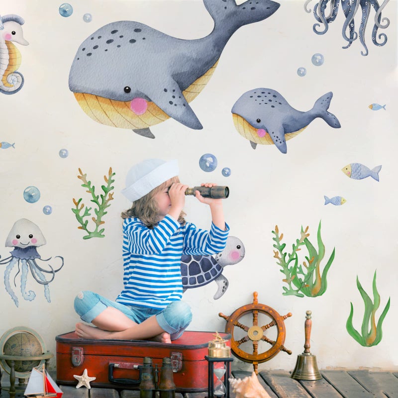 Mfault Under The Sea Whales Wall Decal Stickers, Coastal Ocean Hippocampus Octopus Turtle Fish Nursery Decoration Bedroom Bathroom Art, Marine Animal Beach Neutral Toddler Kids Baby Boys Room Decor - Image 3