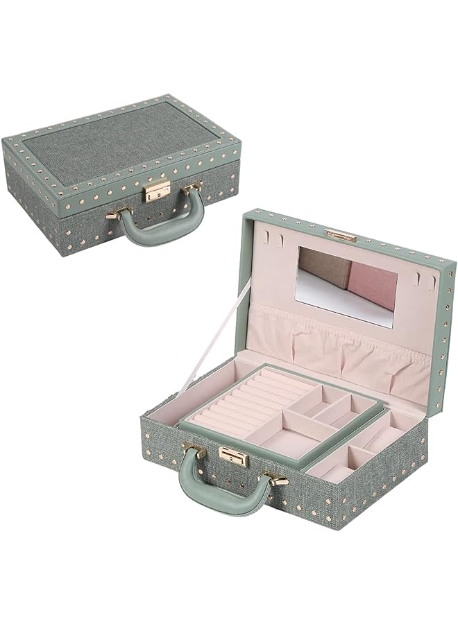 IAF Jewelry Box | Compact Jewellery Organizer Premium Quality | Storage Case for Accessories: Earrings Rings Watches with Mirror, Key and Lock Middle size PU Leather (Light Green) - Image 1