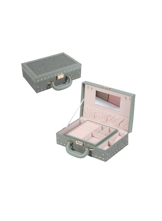 IAF Jewelry Box | Compact Jewellery Organizer Premium Quality | Storage Case for Accessories: Earrings Rings Watches with Mirror, Key and Lock Middle size PU Leather (Light Green) - Image 2