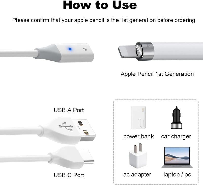 Luckam USB-C to Apple Pencil Charging Adapter Cable, Compatible with 1st Gen Pencil, 2 Pack, 1m Length, USB-A Charger for iPad Pen - Fast Charging Solution - Image 2