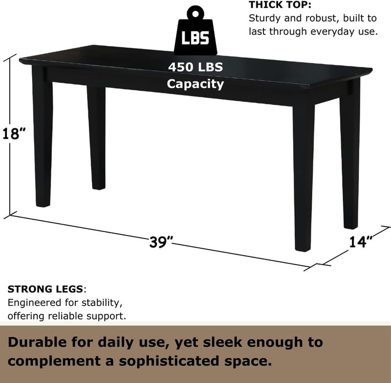 IC INTERNATIONAL CONCEPTS IC INTERNATIONAL CONCEPTS Shaker Style Bench RealSolid Parawood KitchenDining Sturdy  Reliable Seating Easy Assembly 39W x 14D x 18H 450 Lbs Wt Capcity Black  - Image 3