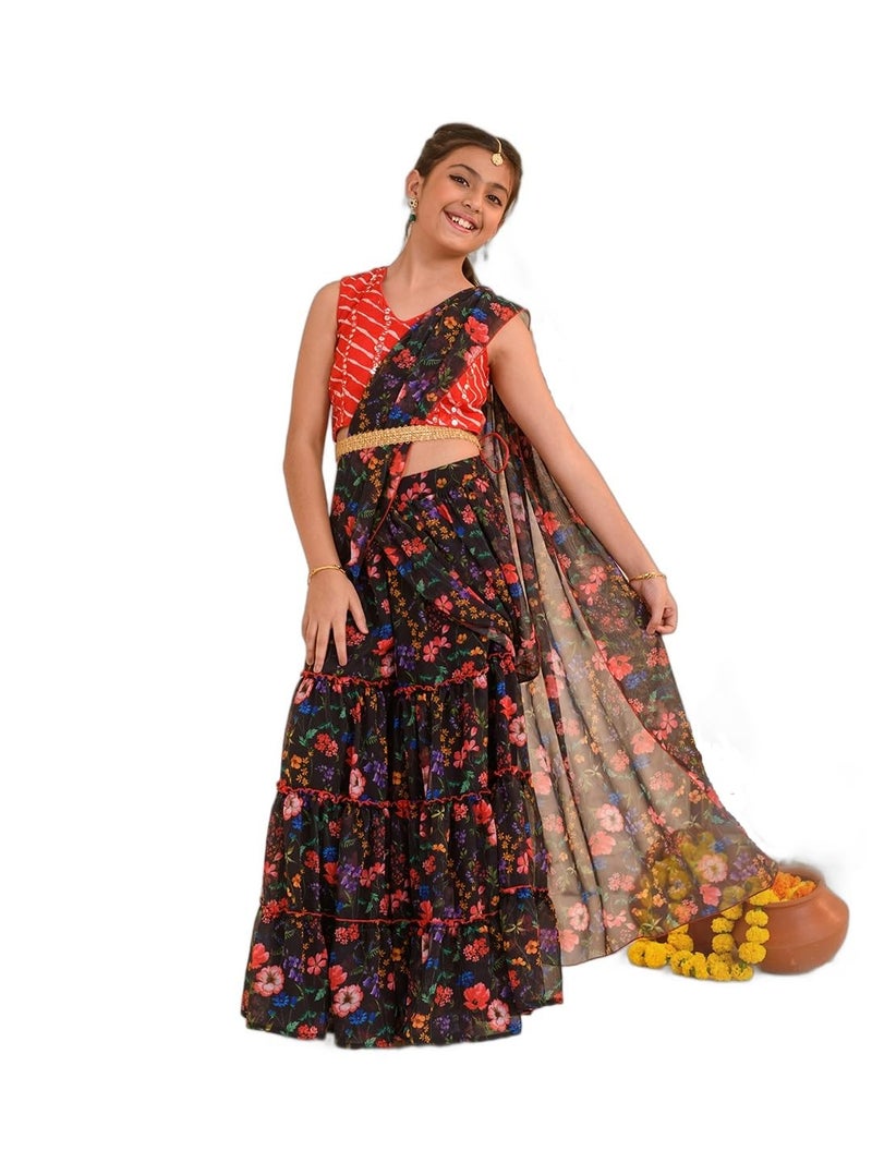 Pspeaches Girls Georgette Sleeveless V-Neck Blouse With Floral Print Drape Saree 2 Piece Set|Ethnic Wear For Kids Girls|Traditional & Festive Outfit 10-12 Year Black & Red - Image 5