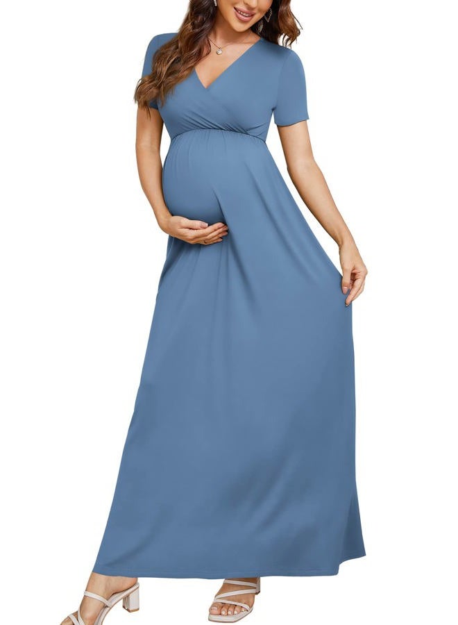 Xpenyo Maternity Dresses Women's Casual Short Sleeve V Neck Wrap Long Maxi Dress Pregnancy Clothes for Baby Shower, Photoshoot, Indigo M, Indigo, M - Image 1