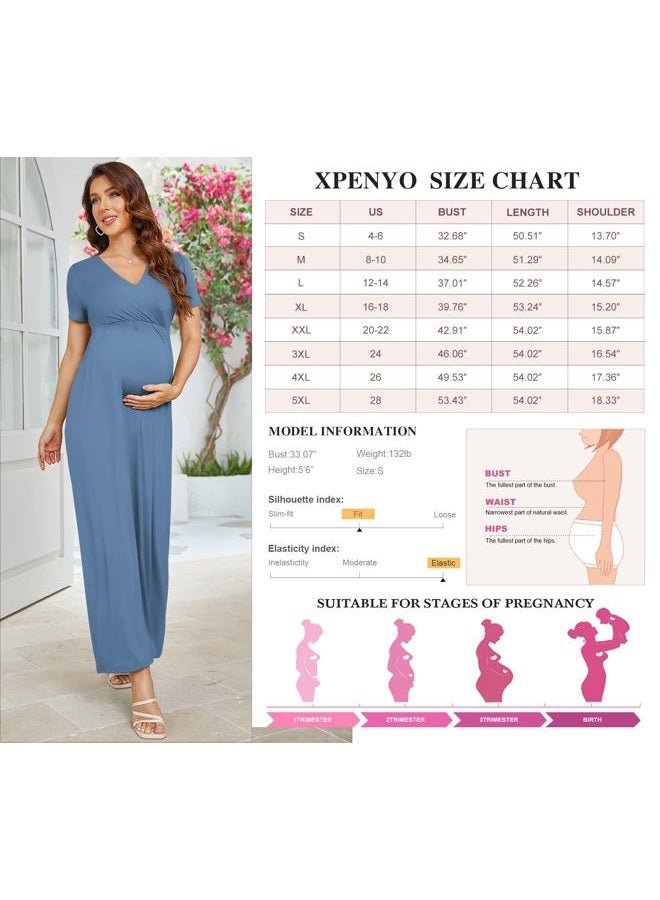 Xpenyo Maternity Dresses Women's Casual Short Sleeve V Neck Wrap Long Maxi Dress Pregnancy Clothes for Baby Shower, Photoshoot, Indigo M, Indigo, M - Image 5