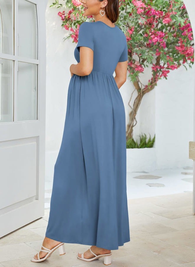 Xpenyo Maternity Dresses Women's Casual Short Sleeve V Neck Wrap Long Maxi Dress Pregnancy Clothes for Baby Shower, Photoshoot, Indigo M, Indigo, M - Image 4