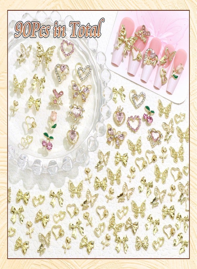 BELICEY 90Pcs Pink Heart Bows Nail Art Charms Gold 3D Assorted Bow Heart Cherry Charms for Nails Butterfly Nail Decoration Y2k Pink Nail Jewelry Gems for DIY Nail Art Design Crafts - Image 5