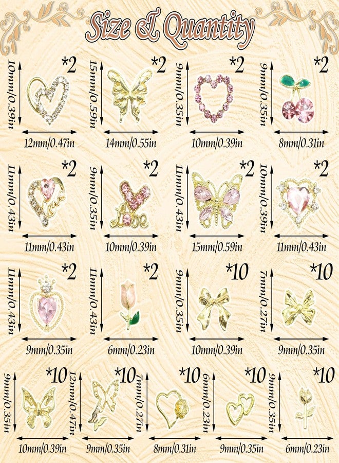 BELICEY 90Pcs Pink Heart Bows Nail Art Charms Gold 3D Assorted Bow Heart Cherry Charms for Nails Butterfly Nail Decoration Y2k Pink Nail Jewelry Gems for DIY Nail Art Design Crafts - Image 2