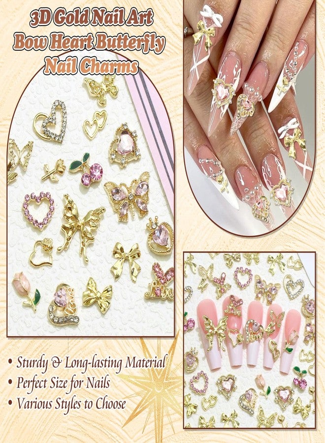 BELICEY 90Pcs Pink Heart Bows Nail Art Charms Gold 3D Assorted Bow Heart Cherry Charms for Nails Butterfly Nail Decoration Y2k Pink Nail Jewelry Gems for DIY Nail Art Design Crafts - Image 4