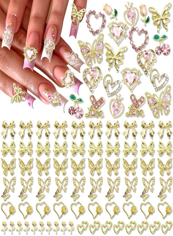 BELICEY 90Pcs Pink Heart Bows Nail Art Charms Gold 3D Assorted Bow Heart Cherry Charms for Nails Butterfly Nail Decoration Y2k Pink Nail Jewelry Gems for DIY Nail Art Design Crafts - Image 1