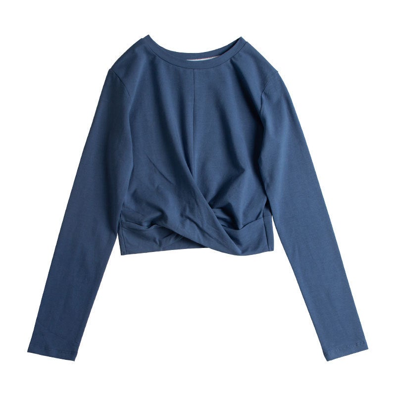 South Koreas new hem pleated navel round neck long sleeve stitching white high waist base shirt a generation of 246 Haze Blue 