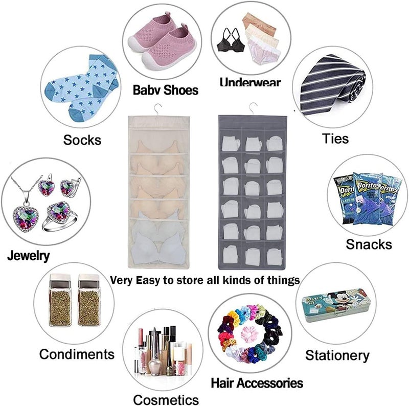 VYNTRIX Double Sided 30 Pockets Clear Hanging Bag Socks Bra Underwear Rack Hanger Storage Organizer Wall Hanging Closet Shelves Storage Pockets Non Woven MatrialColourGrey Pack of 1 - Image 3