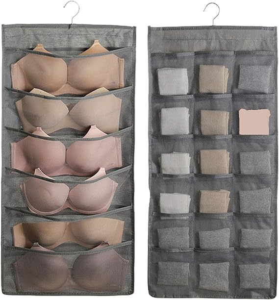 VYNTRIX Double Sided 30 Pockets Clear Hanging Bag Socks Bra Underwear Rack Hanger Storage Organizer Wall Hanging Closet Shelves Storage Pockets Non Woven MatrialColourGrey Pack of 1 - Image 1