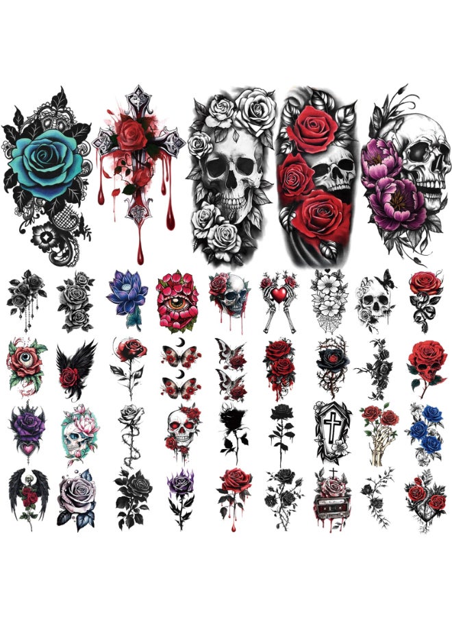 atydkug 77 Sheets Flowers Skeleton Skull Temporary Tattoo for Women Men 17 Half Arm Dark Gothic Punk Rocker Butterfly Fake Tattoos 60 Scary Halloween Cosplay Tiny Adult Kid Body Tattoos Stickers Realistic - Image 4