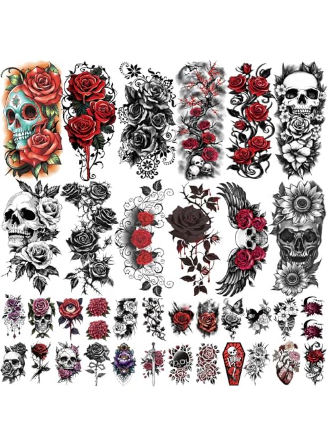 atydkug 77 Sheets Flowers Skeleton Skull Temporary Tattoo for Women Men 17 Half Arm Dark Gothic Punk Rocker Butterfly Fake Tattoos 60 Scary Halloween Cosplay Tiny Adult Kid Body Tattoos Stickers Realistic - Image 1