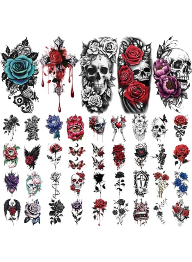 atydkug 77 Sheets Flowers Skeleton Skull Temporary Tattoo for Women Men 17 Half Arm Dark Gothic Punk Rocker Butterfly Fake Tattoos 60 Scary Halloween Cosplay Tiny Adult Kid Body Tattoos Stickers Realistic - Image 3