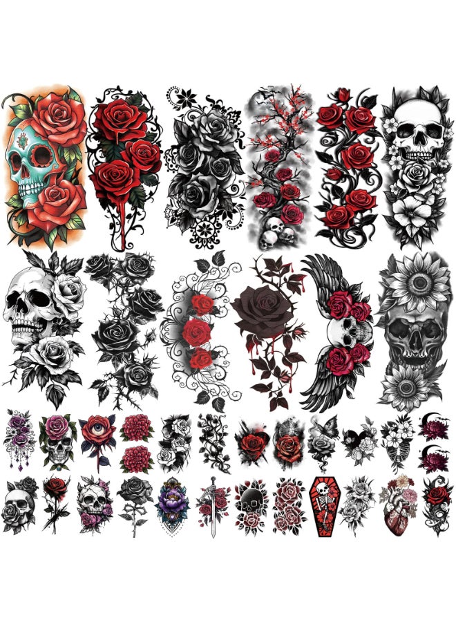 atydkug 77 Sheets Flowers Skeleton Skull Temporary Tattoo for Women Men 17 Half Arm Dark Gothic Punk Rocker Butterfly Fake Tattoos 60 Scary Halloween Cosplay Tiny Adult Kid Body Tattoos Stickers Realistic - Image 2