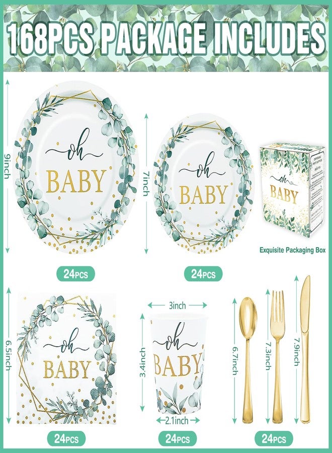 Gudvilla 168 PCS Sage Green Baby Shower Decorations Neutral, Baby Shower Plates and Cups and Napkins Sets Serves 24, Oh Baby Plates for Boy, Gender Reveal, Green and Gold Plant Eucalyptus Boho - Image 2