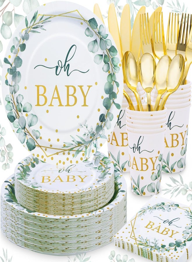 Gudvilla 168 PCS Sage Green Baby Shower Decorations Neutral, Baby Shower Plates and Cups and Napkins Sets Serves 24, Oh Baby Plates for Boy, Gender Reveal, Green and Gold Plant Eucalyptus Boho - Image 1